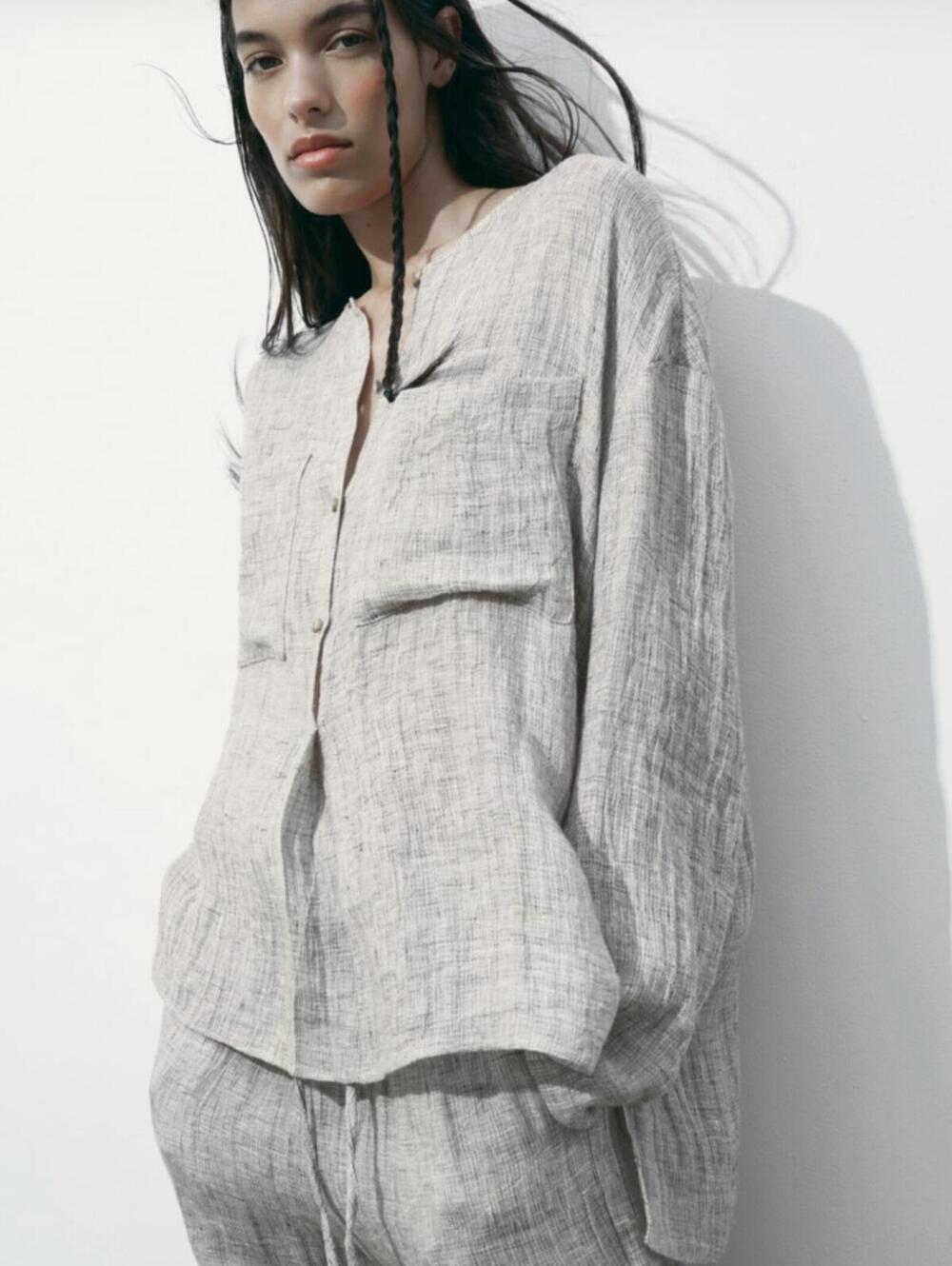 ZARA Oversized 100% Linen Pocket Top - Picture 3 of 5